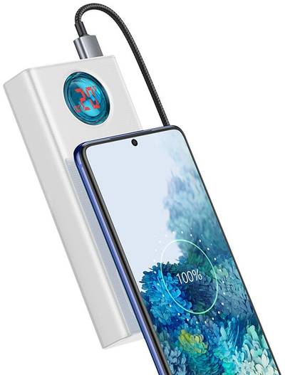 Powerbank me ekran dixhital Baseus Ambilight Overseas Edition, 30000mAh, QC, i zi + kabllo USB-C 100W, 1m, i bardhë
