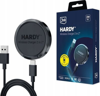 Karikues wireless 3MK Hardy 2 në 1, 15W, Qi, i zi