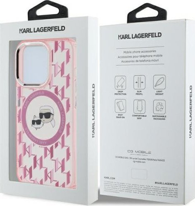 Maskë telefoni Karl Lagerfeld IML Monogram Karl &amp; Choupette MagSafe, për iPhone 15 Pro 6.1", rozë