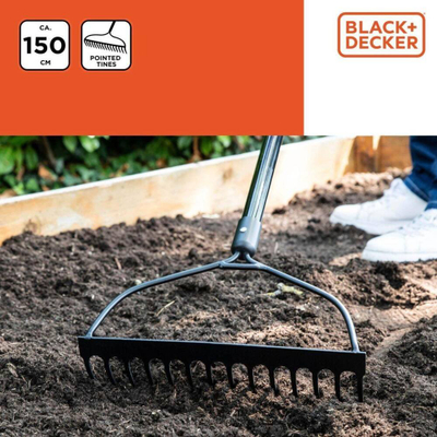 Lopatë kopshti BLACK+DECKER Bow Rake, dorezë fiberglass 150cm, metal, portokalli me të zezë