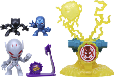 Set lodrash Marvel Stunt Squad Black Panther dhe Iron Man kundër Ultron, figura të vogla, me hedhës, shumëngjyrësh