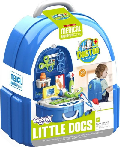 Set lojrash doktor Woopie Little Docs, 20 copë, në çantë-shpine, blu