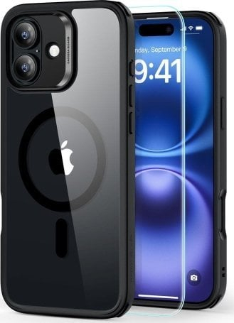 Mbrojtëse telefoni ESR Classic Hybrid HaloLock për iPhone 16, MagSafe, me xham të fortë, transparente e zezë