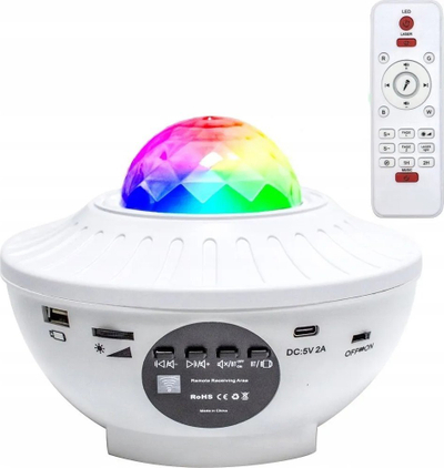 Projektor LED me yje për dhomë, me altoparlant Bluetooth, me telekomandë, i bardhë