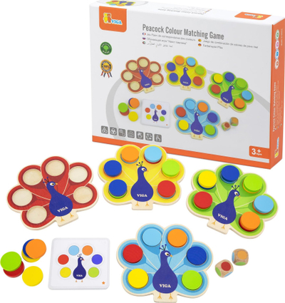 Loja druri edukative Viga Peacock Colour Matching, Montessori, 3+, shumëngjyrëshe