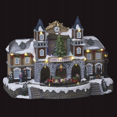 Dekoratë Krishtlindjesh Fééric Christmas Town Train, me drita dhe muzikë, polyresin, shumëngjyrëshe