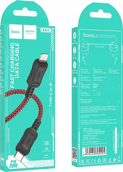 Kabllo karikimi Hoco X94 Leader PD, Lightning, 1m 20W, e kuqe