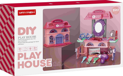Играчка масичка за шминкање House 2in1, со огледало, сет додатоци, розово-виолетова