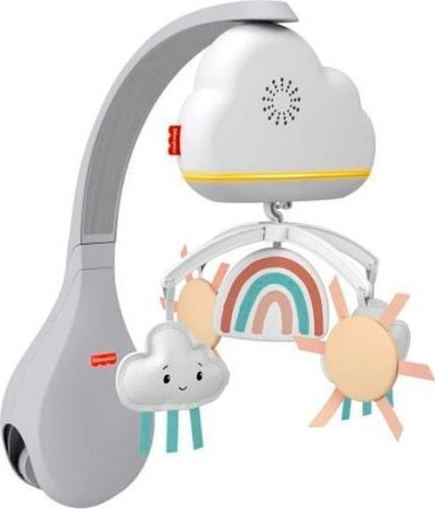 Karusel për bebe Fisher-Price Rainbow Showers, me muzikë edhe dritë nate, gri me ngjyra