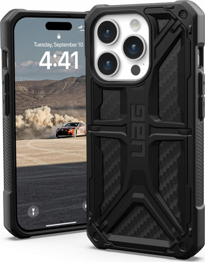 Kllëf telefoni UAG Monarch për iPhone 15 Pro, mbrojtje e fortë, dizajn karbon fiber, blu me të zezë