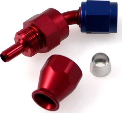 Fiting tubi TurboWorks AN8 PTFE, 45°, alumin, kuq e blu