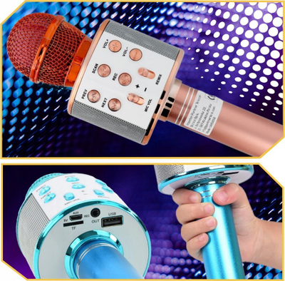 Mikrofon karaoke Bluetooth CR58, altoparlant i integruar, kartë TF USB, ari rozë