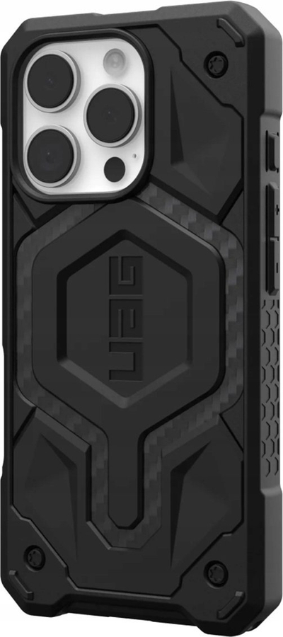 Mbulesë telefoni UAG Monarch për iPhone 16 Pro, dizajn karbon fiber, rezistencë e lartë ndaj rënieve, e zezë