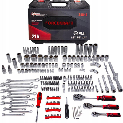 Set çelësash dhe soketash Forcekraft 216 pjesë, krom vanadium, me kuti plastike