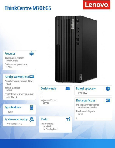 Lenovo ThinkCentre M70t G5 TWR, Intel Core i5-14400, 16GB RAM, 512GB SSD