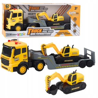 Set lodër kamion transportues me eskavator 1:16, me drita edhe zëra, i verdhë
