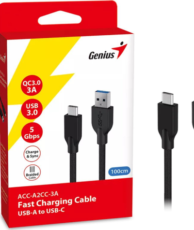 Kabllo karikimi Genius ACC-A2CC-3A, USB 3.0 në USB-C, QC 3.0, 1m, e zezë