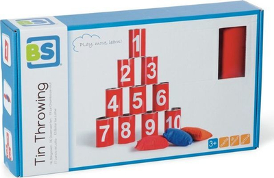 Lojë me hedhje BS Toys Tin Throwing, kanaçe metalike të kuqe, 3 qese hedhjeje, për kalamaj 3+