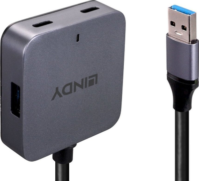 Hub USB Lindy me 4 porta, USB 3.2 5Gbps, kabllo 5m, gri
