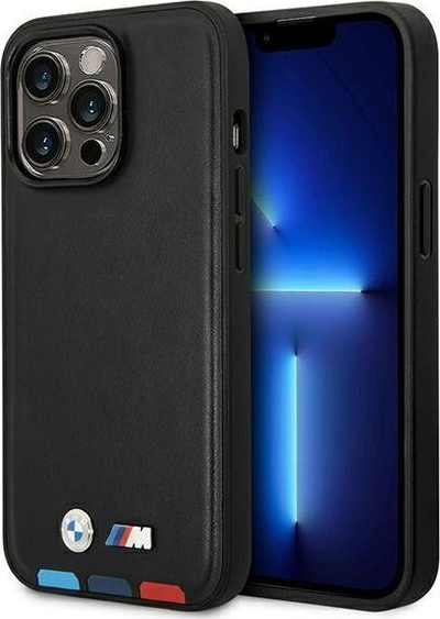 Qese telefoni BMW Leather Stamp Tricolor MagSafe, për iPhone 14 Pro Max 6.7", lëkurë, e zezë
