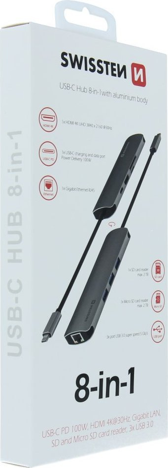 HUB USB C Swissten 8 in 1, HDMI 4K, LAN RJ45, gri alumini