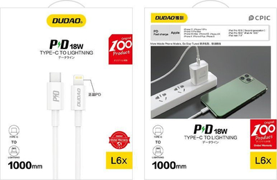 Kabllo karikimi Dudao L6X, Type C në Lightning, 1m, 18W, e bardhë
