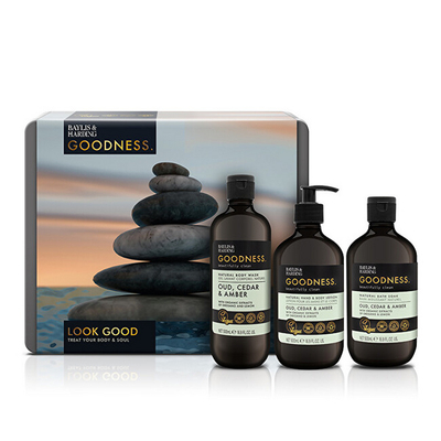 Set dhuratë Baylis & Harding Oud, Cedar & Ambergris, xhel dushi + losion trupi + shkumë vaske