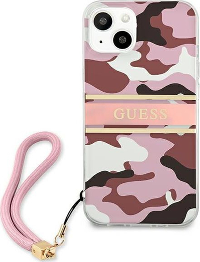 Mbrojtëse telefoni Guess Camo Strap për iPhone 13 Mini 5.4", TPU, me rrip, rozë