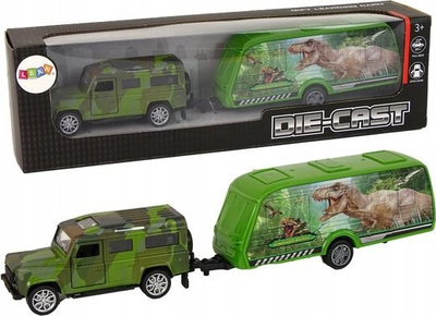 Set lodër Jeep me rimorkio dinosaurësh, mekanizëm pull back, metal dhe plastikë, shumëngjyrësh