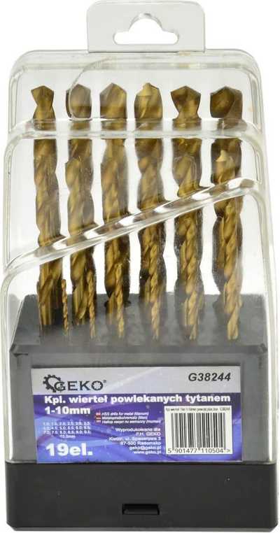 Комплет метални свредла GEKO, 19 парчиња, 1-10mm, HSS