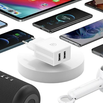 Karikues muri Usams Slim Series Combi, 2x USB, me kabllo, i bardhë