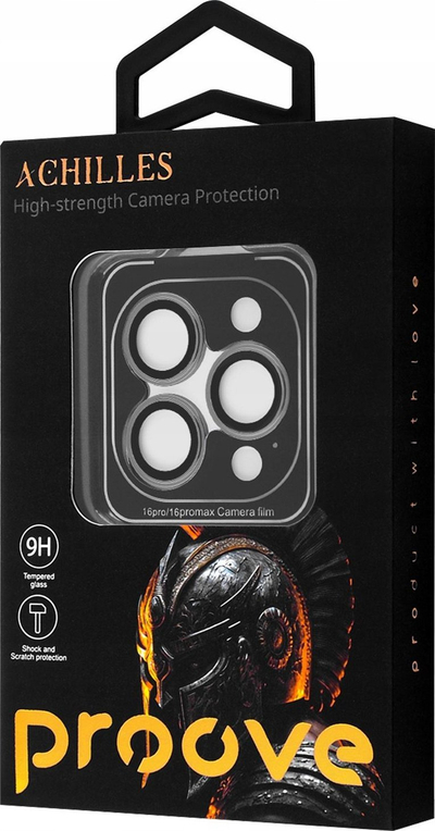 Mbrojtës xhami Proove Achilles për kamerë, iPhone 16 Pro 16 Pro Max, 9H, i zi