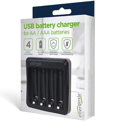 Karikues baterish Energenie USB Battery Charger, për AA dhe AAA, 4 slote, i zi