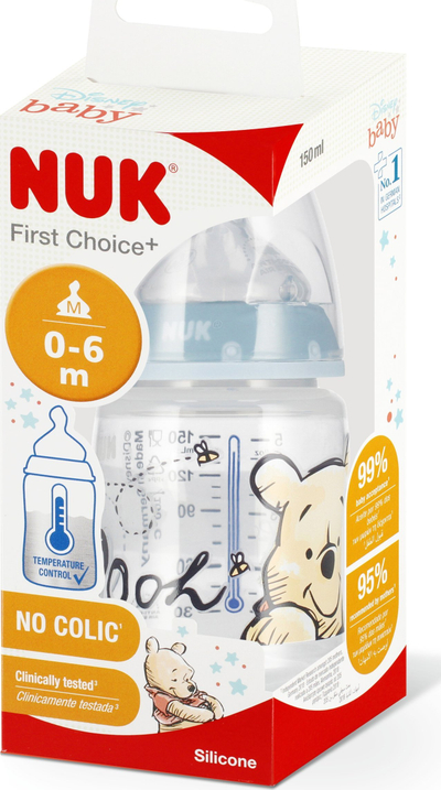 Biberon NUK First Choice+ Winnie the Pooh, 150ml, me tregues temperature, transparent