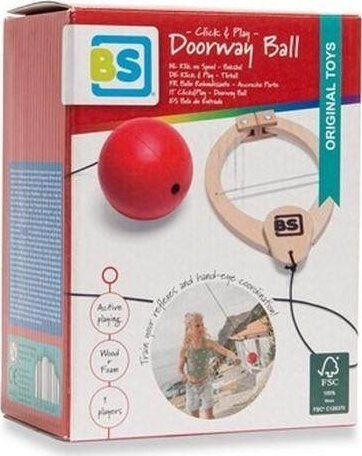 Top për derë BS Toys Doorway Ball, me kapëse druri, litar elastik, i kuq