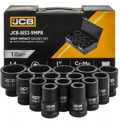 Сет длабоки ударни глави JCB, 1\", 14 парчиња 22-60mm, 12-аголен профил