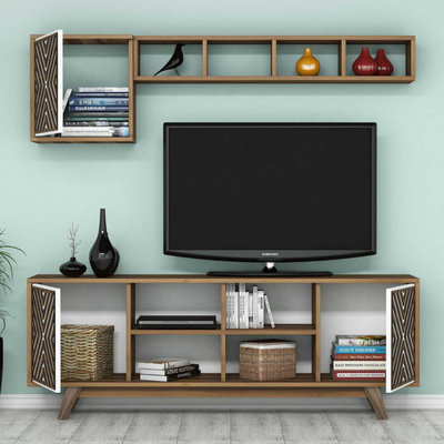 Mobilje TV Fayetteville, set muri për TV deri 60", dru walnut, detaje të bardha