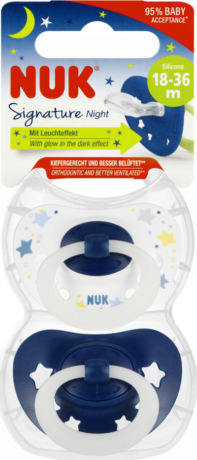 Biberon NUK Signature Night, silikon, 18-36m, set me 2 copë, blu e bardhë