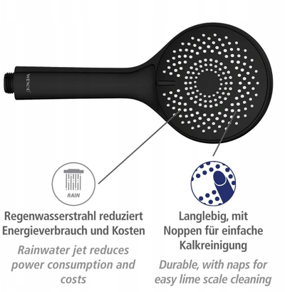 Kokë dushi WENKO Watersaving, 11 cm, 3 rryma, e zezë mat