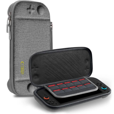 Çantë mbrojtëse Tech-Protect Slim Pouch për Nintendo Switch 2, me xhepa për 10 lojëra, gri