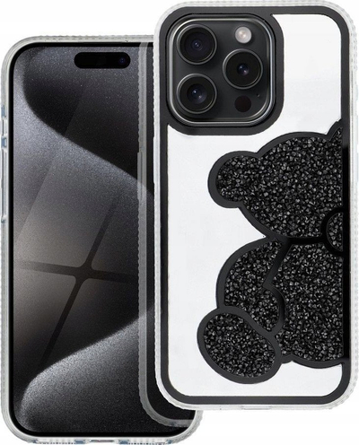 Futera telefoni Teddy Bear për iPhone 15 Pro, TPU PU, e zezë