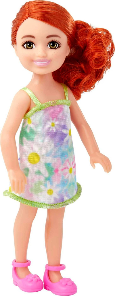 Kukull Barbie Chelsea flokkuqe, 15 cm, me fustan me lule, shumëngjyrëshe