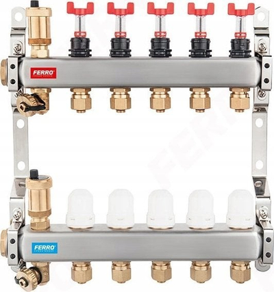 Manifold ngrohje Ferro 11 qarqe, me fluksometra, inox AISI 304, ngjyrë argjendtë