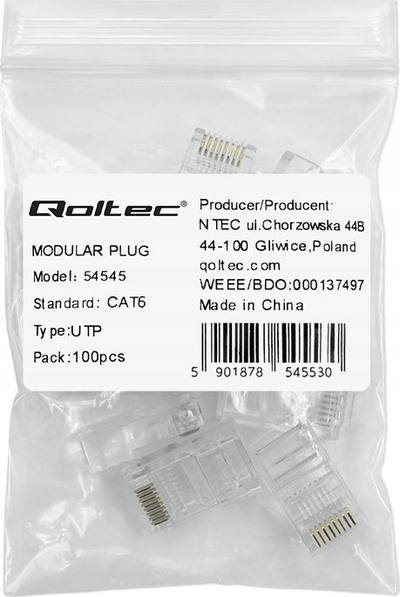 Konektor rrjeti Qoltec RJ45 CAT6, UTP, Pass Through, kontakte të veshme me ar, 10 copë