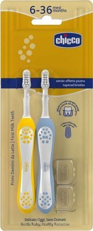 Set furçash dhëmbësh për fëmijë Chicco Toothbrush Set 6-36m, set 2 copë, fije të buta, indigo mustard