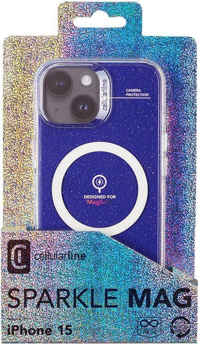 Mbrojtëse telefoni Cellularline Sparkle Mag për iPhone 15, MagSafe, transparente