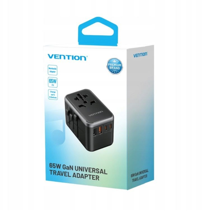 Adapter universal udhëtimi Vention GaN, 4 porta USB C dhe A, 65W, i zi
