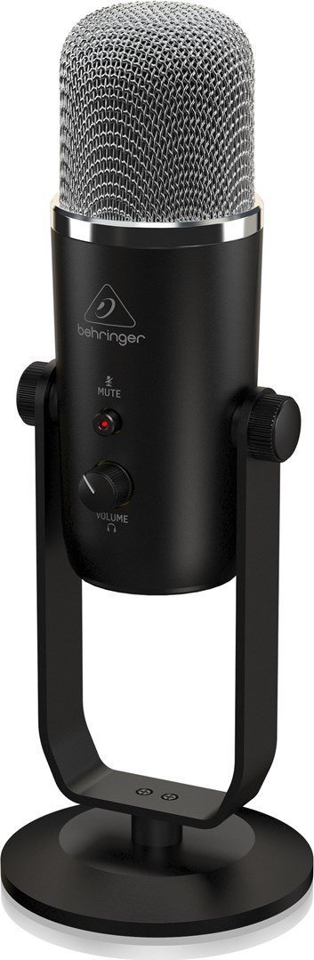 USB микрофон Behringer 2020, кондензаторски студиски, со слушалки и Mute, црн