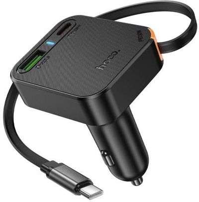 Полнач за автомобил Hoco NZ18, 65W, 2x USB C USB A со извлекувачки кабел, црн
