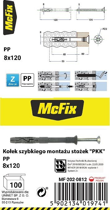 Plug montimi McFix MF-202-0812, PP, 8×120mm, ngjyrë gri